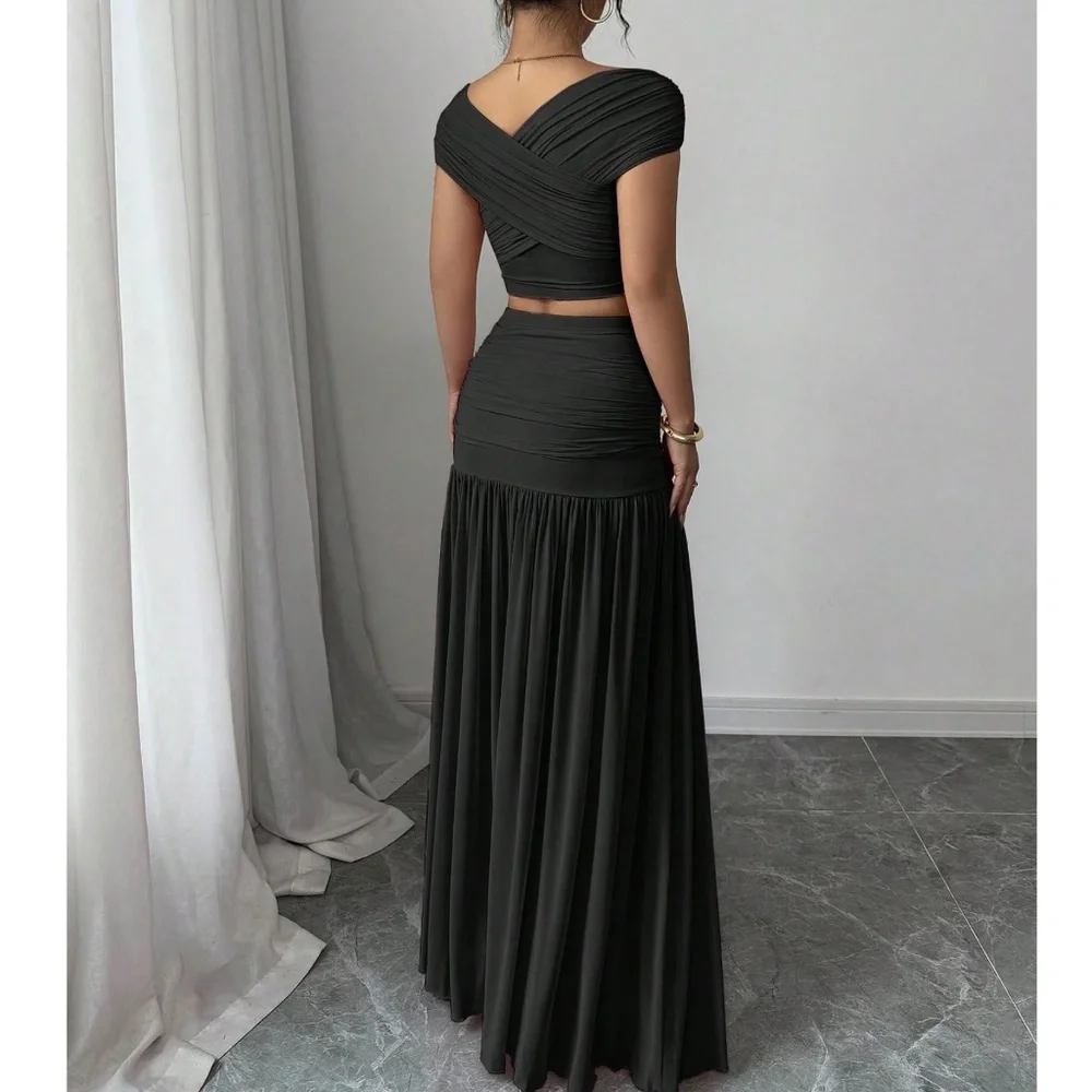 Solid Black Fitted Crop Top Maxi Skirt set